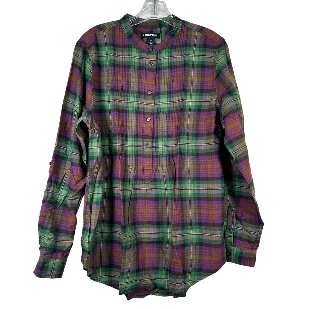 Lands End Womens 16 Plaid Flannel Tunic Band Collar Roll Tab Sleeve Purple Green